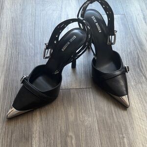 Brand new Steve Madden Black Pointed Slingback Heels with Silver Cap Toe